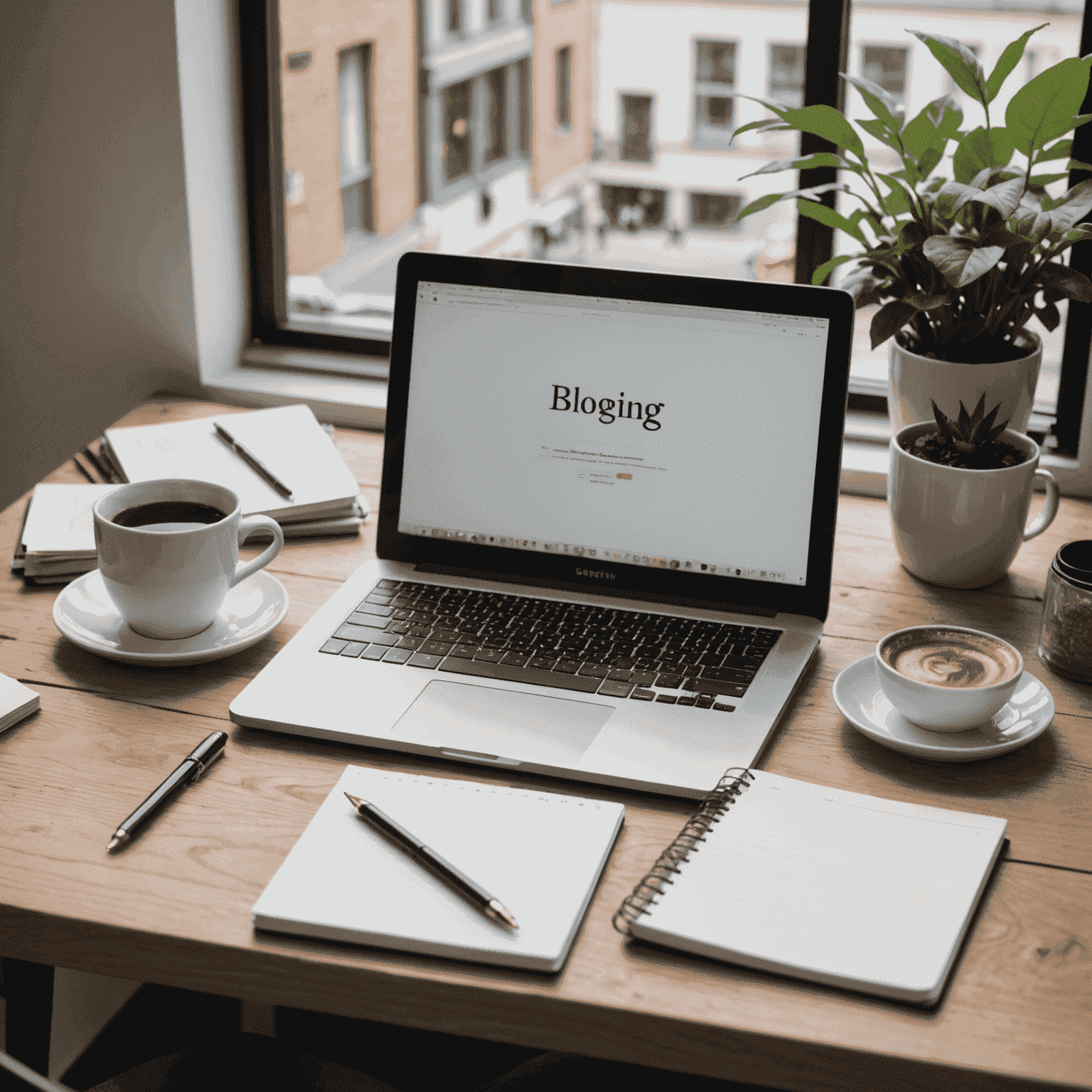 Ein Laptop auf einem Schreibtisch mit einem geöffneten Blogpost-Editor, daneben ein Notizbuch und eine Tasse Kaffee, symbolisiert den Einstieg ins Bloggen