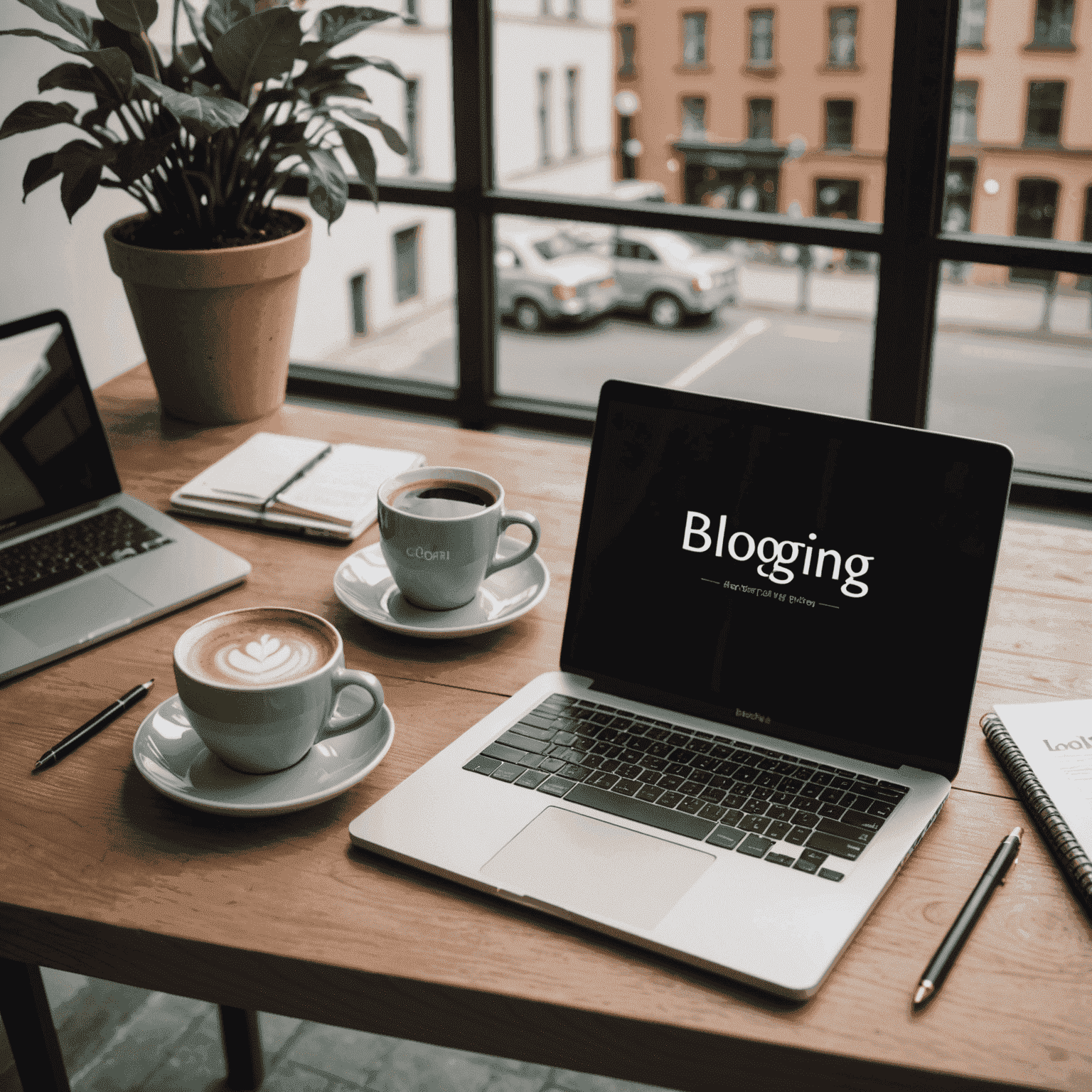 Ein Laptop auf einem Schreibtisch mit einem geöffneten Blogpost-Editor, daneben ein Notizbuch und eine Tasse Kaffee, symbolisiert den Einstieg ins Bloggen