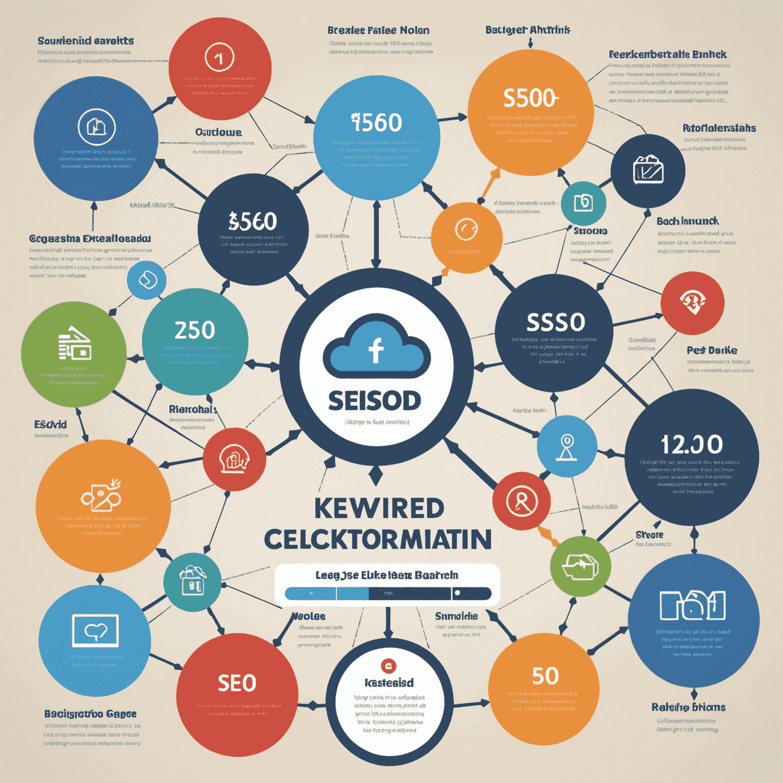 Eine Infografik, die verschiedene SEO-Elemente zeigt: Schlüsselwörter, Backlinks, Seitengeschwindigkeit und mobile Optimierung, symbolisiert SEO-Grundlagen für Blogger